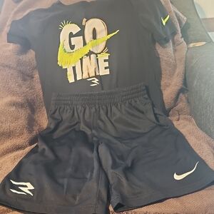 Nike Black Youth Tee & Shorts Set with Neon Yellow Swoosh
